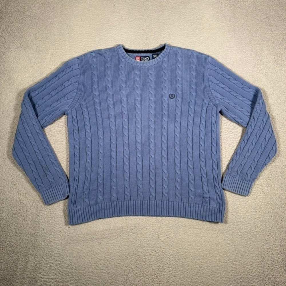 Chaps Sweater Mens XL Blue Fisherman Chunky Cable Knit Pullover Casual Preppy